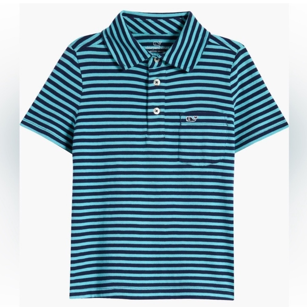 Vineyard Vines Boys Island Turquoise and Navy Stripe Pocket Polo | Size 6